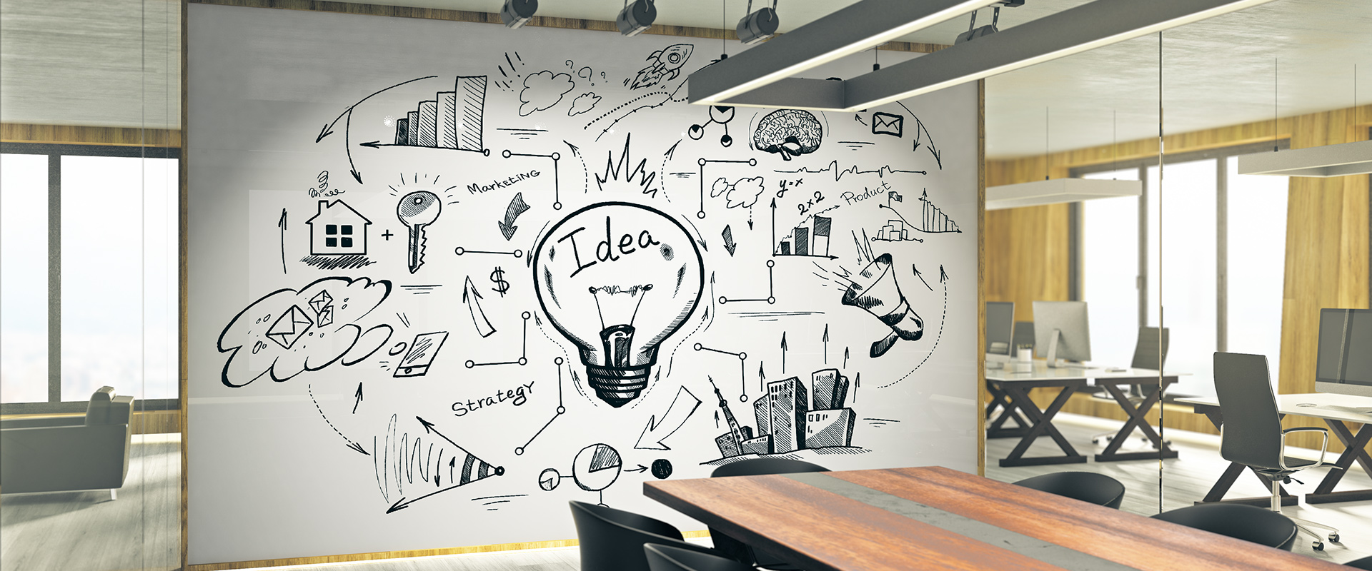 Büro mit Whiteboardfolie an der Wand